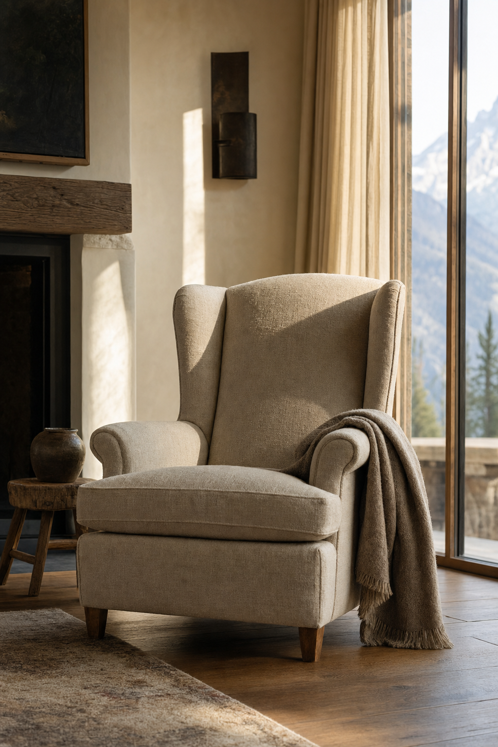 Belgian linen wing chair in a mountain living room