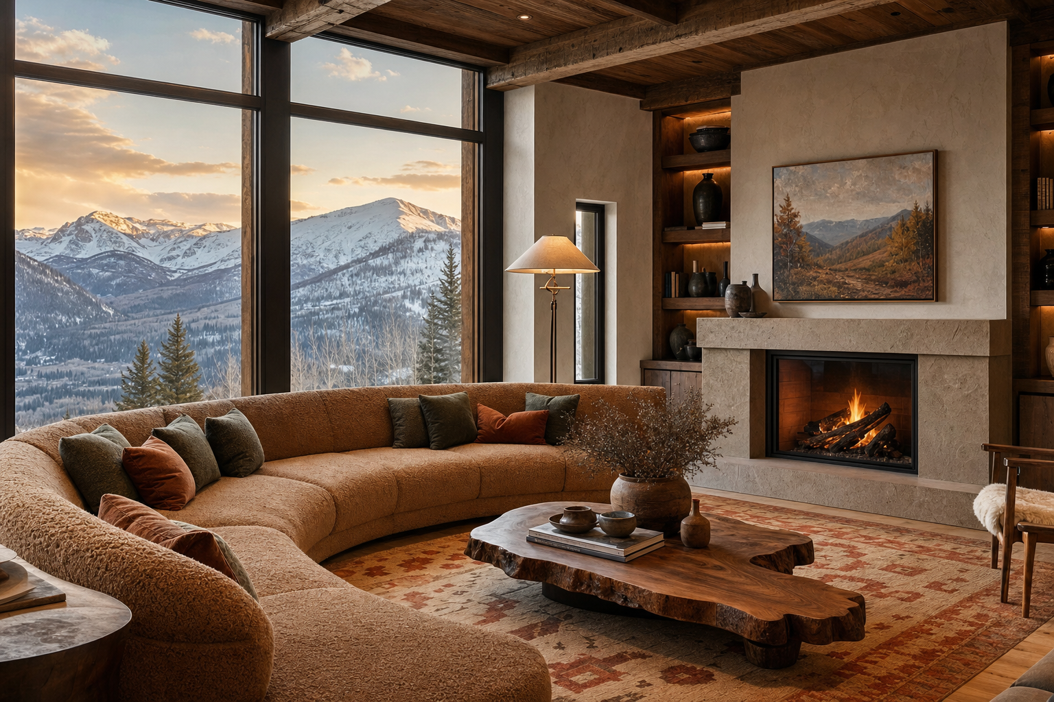 Custom Vail Cowboy sectional in a Rocky Mountain great room at golden hour